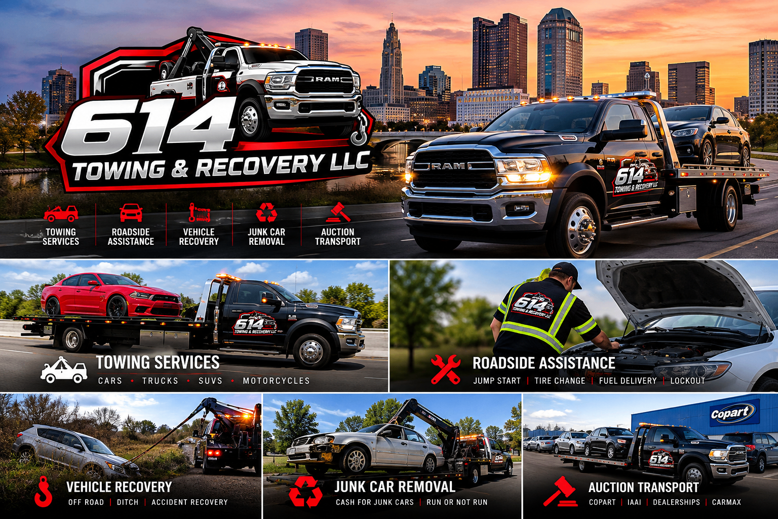 614 Towing & Recovery services: towing, roadside assistance, vehicle recovery, junk car removal, and auction transport