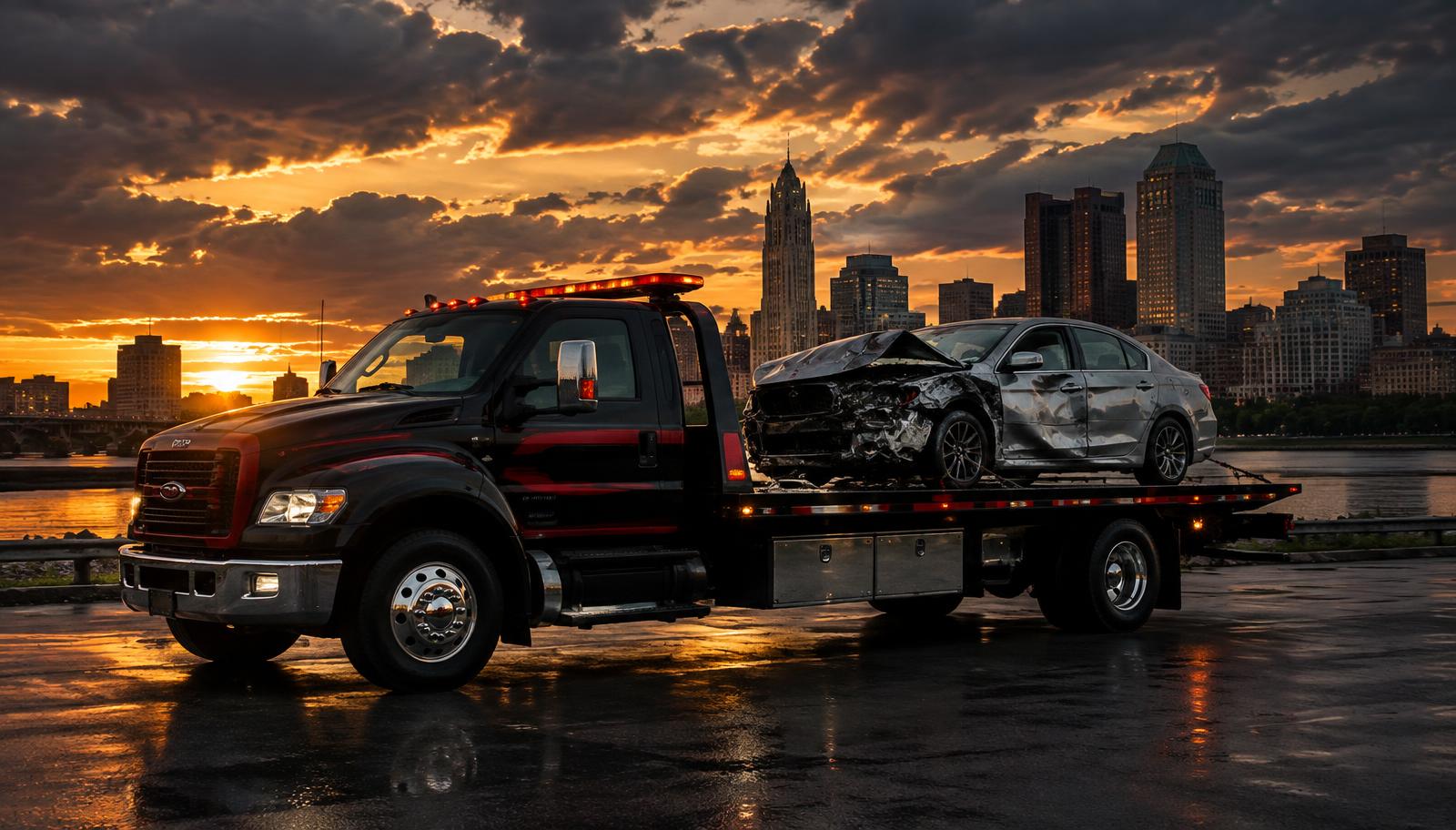Black 614 tow truck hauling a vehicle with the Columbus skyline behind